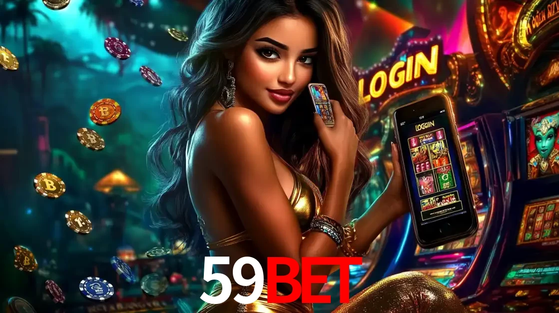 Mulher em um cenário de cassino temático de aventura, mostrando o app de caça-níqueis da 59BET no celular. Fichas de apostas flutuam ao redor.