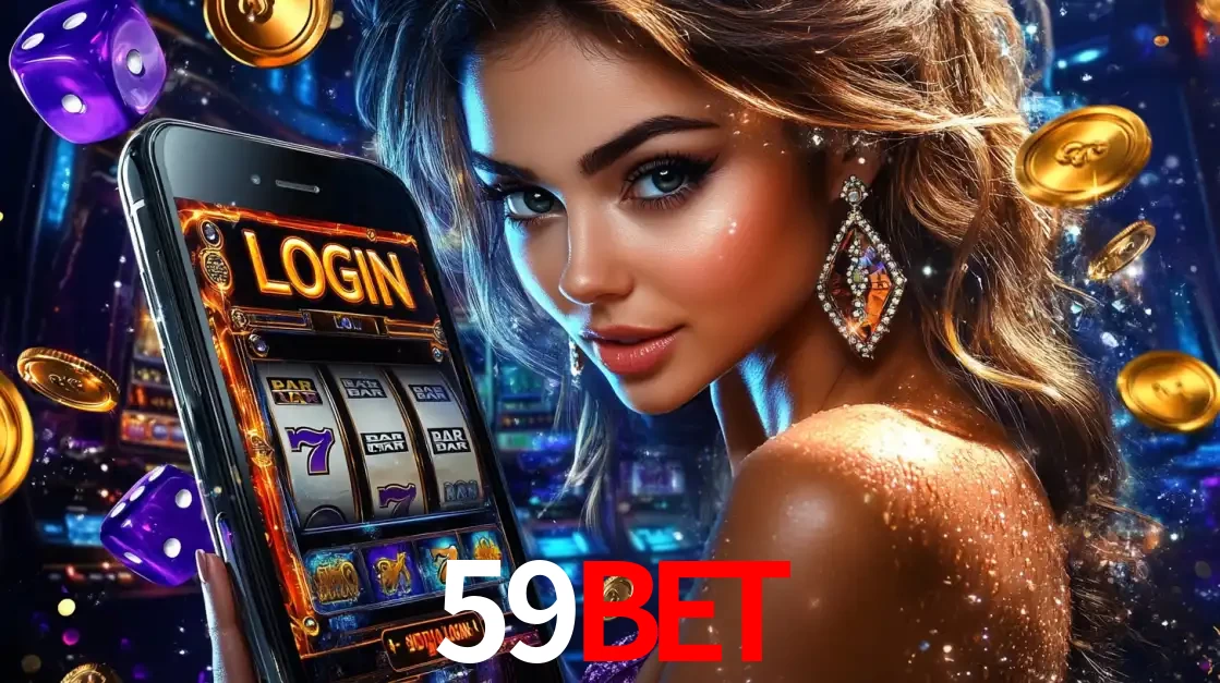 Mulher glamorosa segurando um smartphone com a tela de login para os jogos de caça-níqueis do cassino online 59BET, com moedas de ouro e dados ao redor.