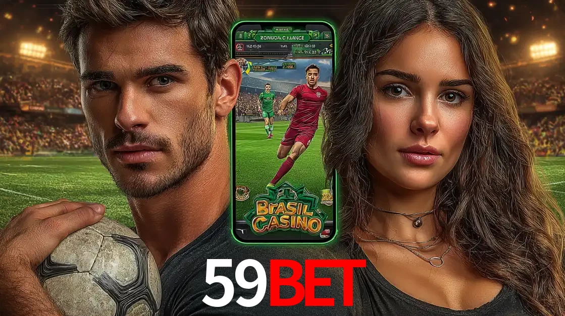 Homem segurando uma bola de futebol e uma mulher ao lado de um smartphone exibindo o jogo de apostas esportivas da 59BET. Faça seu palpite no cassino online.
