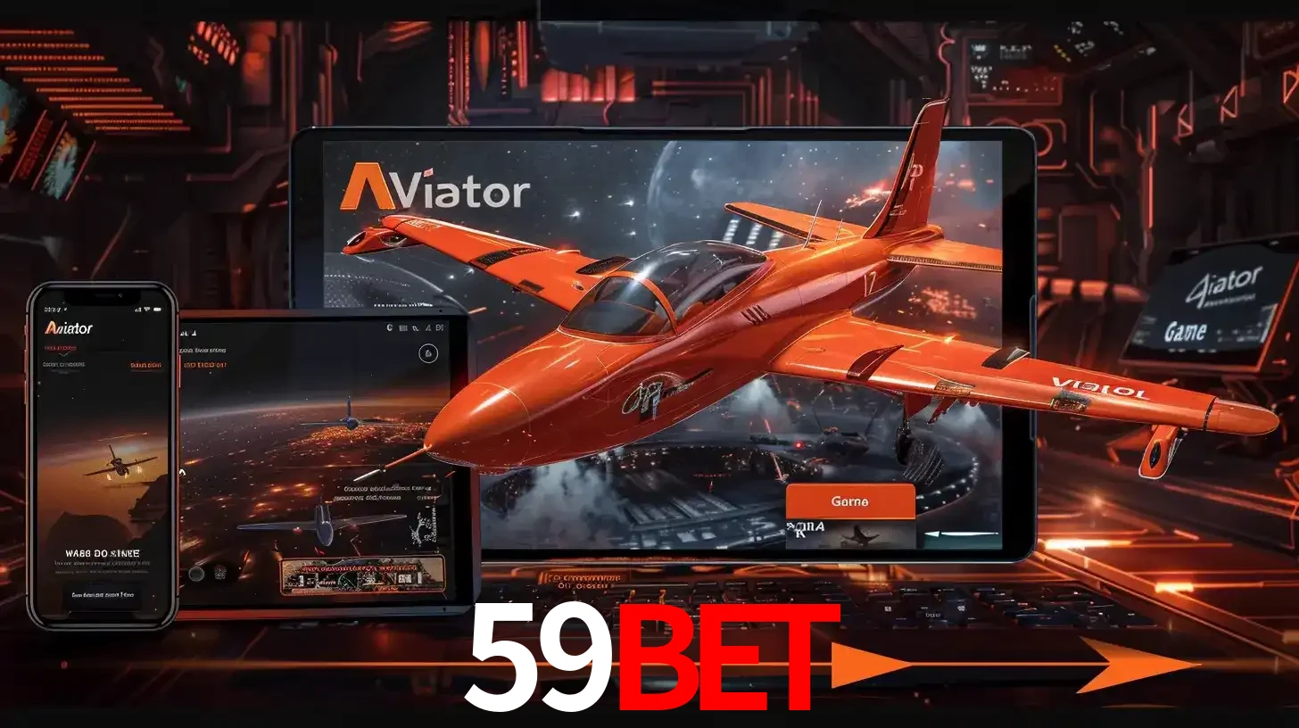 Apresentação tecnológica do jogo Aviator com um avião saindo da tela de um tablet, demonstrando a experiência imersiva em múltiplos dispositivos no 59BET.