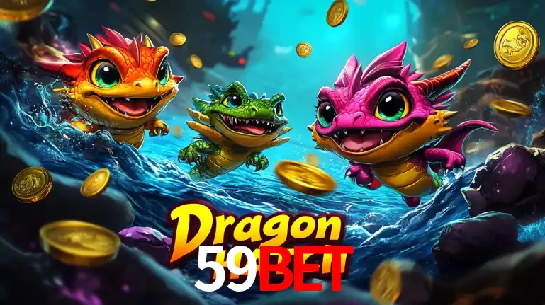 Arte promocional do jogo Dragon Hatch com três adoráveis dragões bebês nadando entre moedas de ouro, um dos slots mais divertidos para jogar no cassino 59BET.
