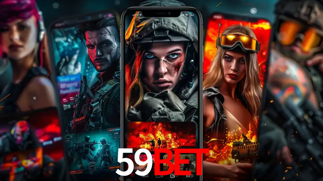 Montagem de telas de celular mostrando diversos personagens, masculinos e femininos, de um jogo de tiro, ilustrando a diversidade de equipes de e-sports para apostar no 59BET.