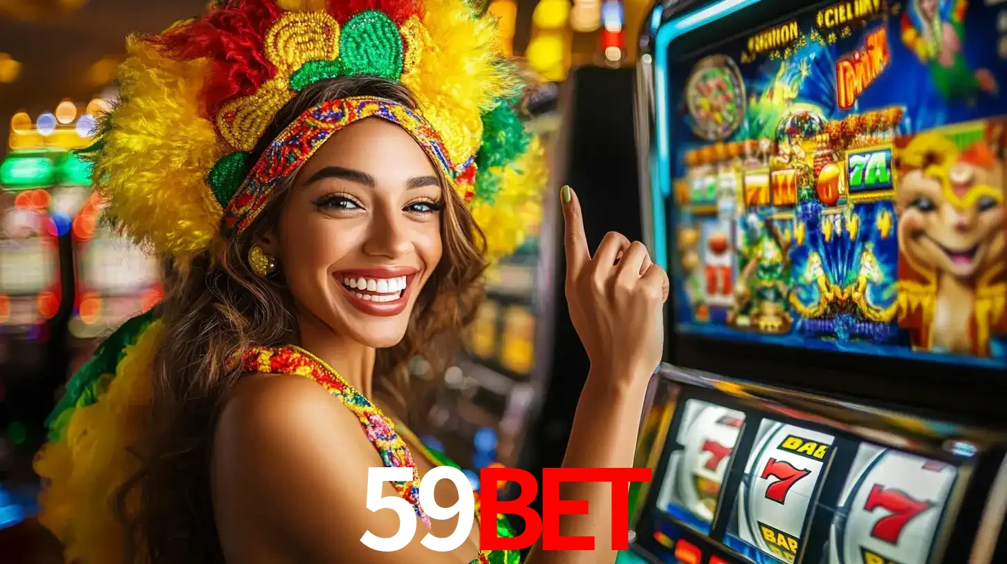 Mulher animada com um cocar de carnaval apontando para uma máquina de caça-níqueis, mostrando a emoção de ganhar um grande prêmio nos jogos do 59BET.