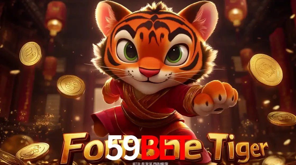 O carismático mascote do jogo de slot Fortune Tiger, um tigre fofo em pose de artes marciais, pronto para trazer sorte e multiplicadores de ganhos no cassino online 59BET.