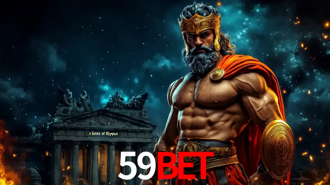 O poderoso Zeus do jogo de slot Gates of Olympus em frente ao seu templo, pronto para lançar multiplicadores divinos e prêmios épicos no cassino online 59BET.