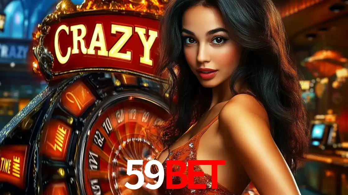 Mulher glamourosa olhando para a câmera com a roda vermelha do Crazy Time ao fundo em um ambiente de cassino, destacando a emoção dos jogos ao vivo no 59BET.