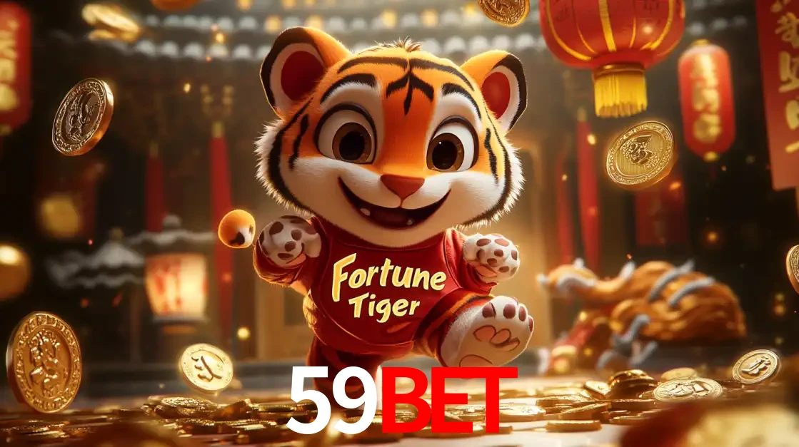 O alegre personagem do Fortune Tiger correndo sobre um caminho de moedas de ouro, simbolizando os grandes prêmios e a diversão do popular jogo de slot do 59BET.