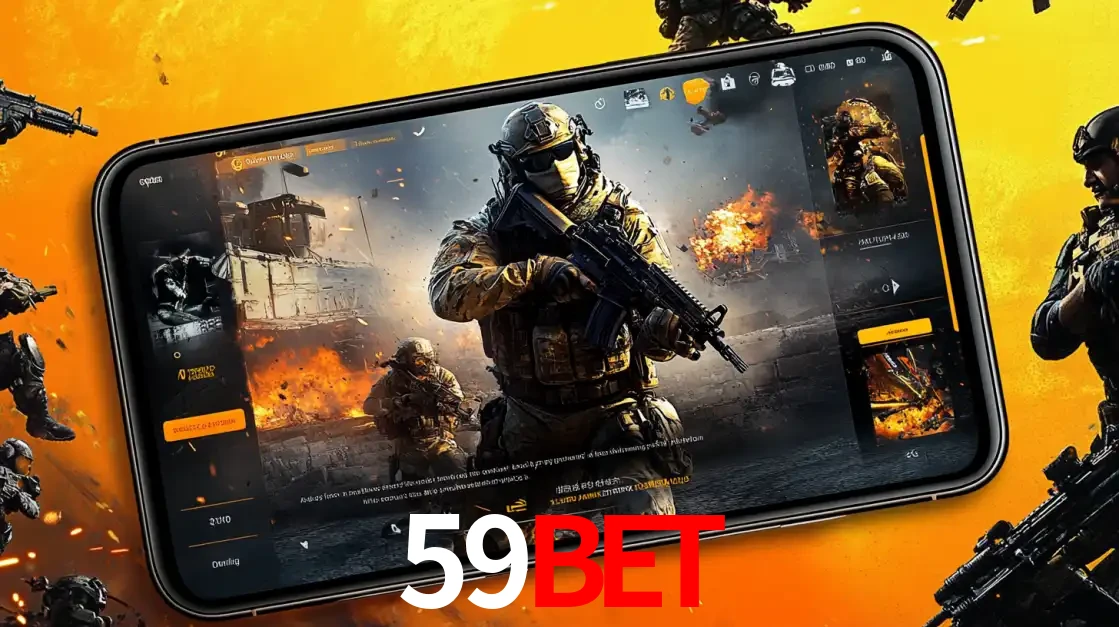 Um smartphone exibindo a interface de um jogo de tiro em primeira pessoa, com um soldado em um cenário de batalha, representando a ação dos e-sports para apostar no 59BET.