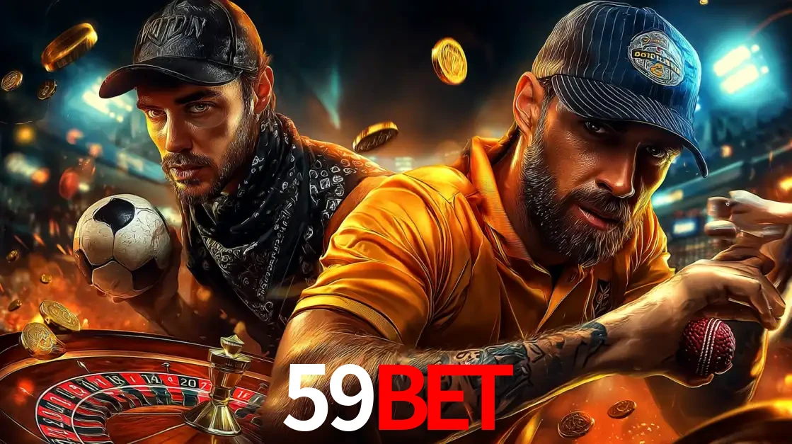 Montagem de apostas esportivas e cassino no 59BET, com um homem segurando uma bola de futebol e outro uma de beisebol sobre uma roleta e moedas voadoras.