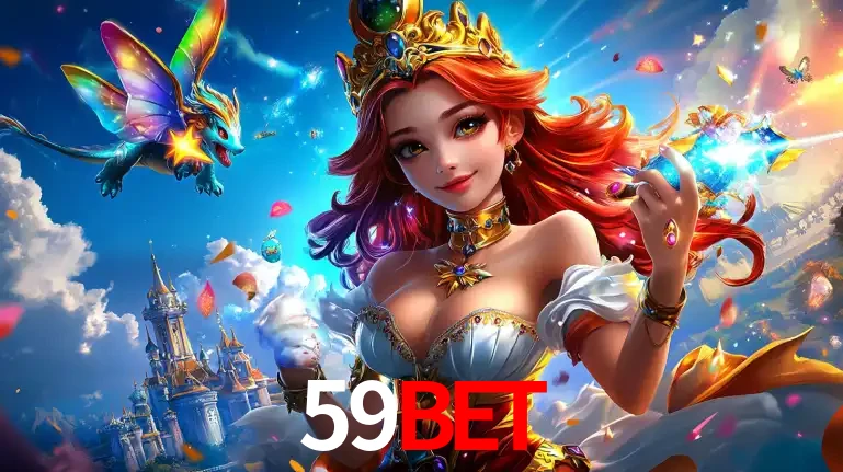 A princesa de um reino de fantasia mágico, com seu pequeno dragão, apresentando um mundo de prêmios encantados nos jogos de caça-níqueis do cassino 59BET.