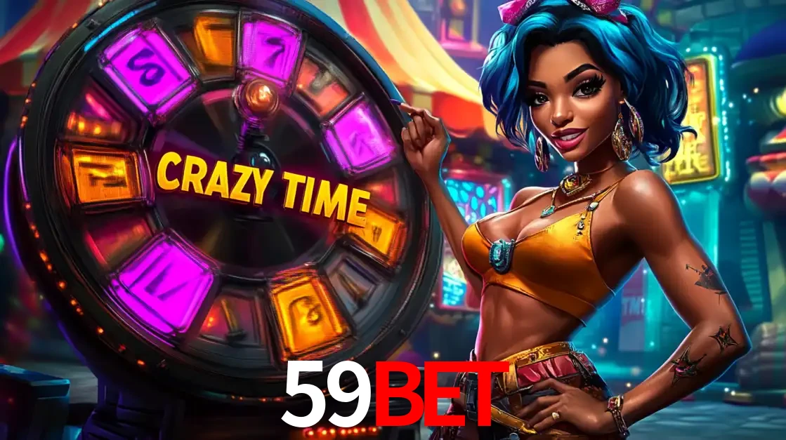 Mulher estilizada com cabelo azul e visual vibrante posando ao lado da roda de prêmios do game show Crazy Time, convidando para a diversão e os bônus do cassino 59BET.
