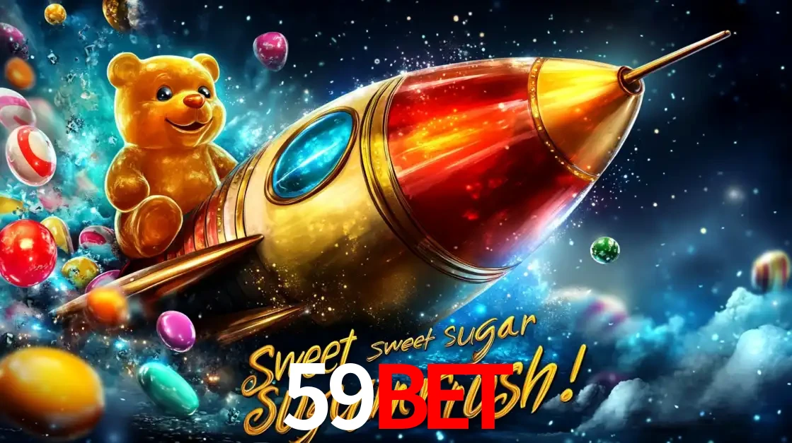 Arte promocional do jogo de slot Sugar Rush, com um urso de pelúcia em um foguete viajando pelo espaço de doces, um dos jogos divertidos disponíveis no cassino 59BET.