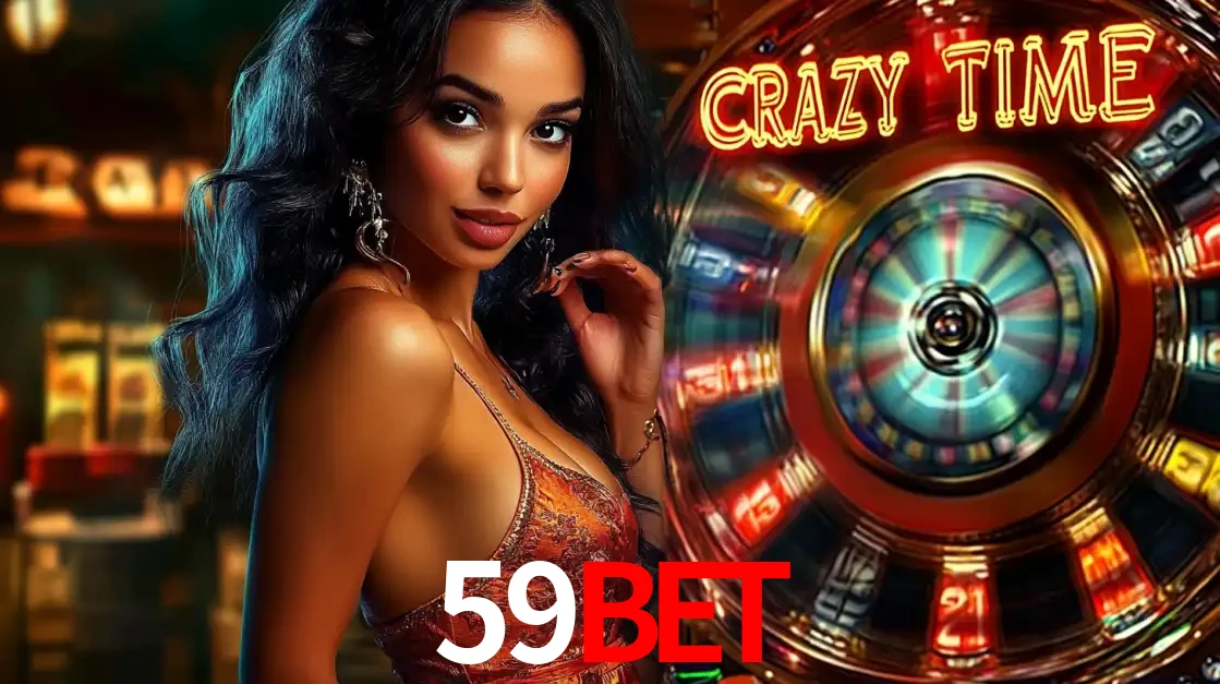 Mulher elegante ao lado da vibrante roda da fortuna do jogo de cassino ao vivo Crazy Time, um dos game shows mais populares e cheios de prêmios do 59BET.