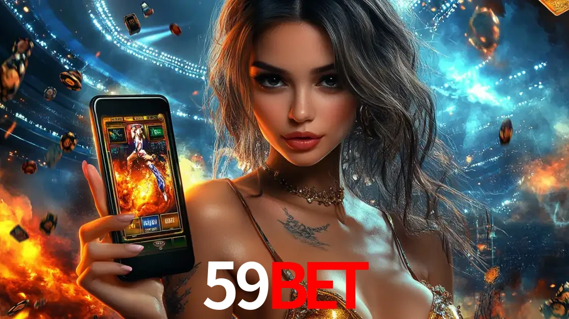 Mulher segurando um celular com um jogo de slot em destaque, tendo como fundo um estádio vibrante, simbolizando a emoção de jogar no cassino móvel 59BET.