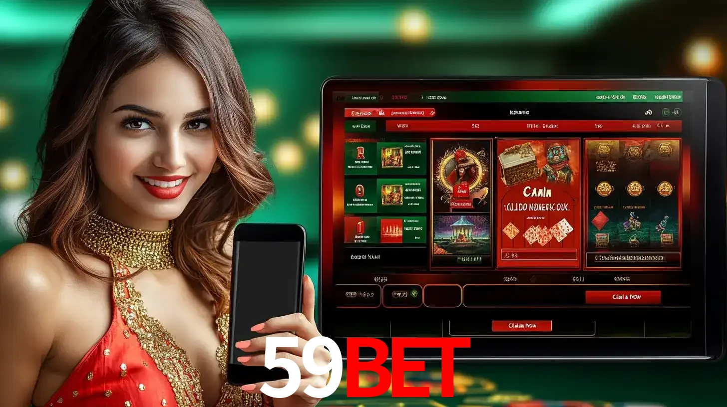 Mulher sorridente segurando um smartphone, ao lado de uma tela exibindo o lobby de jogos do cassino online 59BET, com várias opções de jogos de cartas e slots.